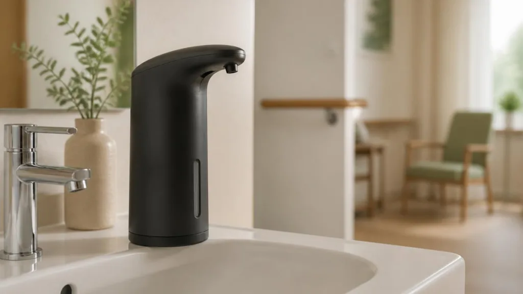 moderner automatischer seifenspender am waschbecken seniorenwohnung