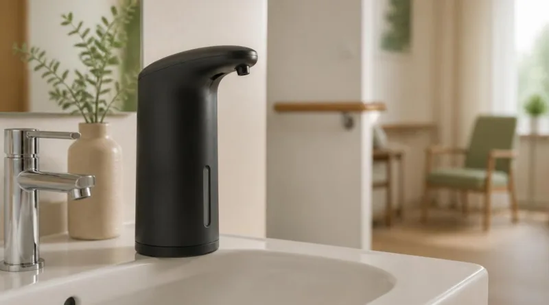 moderner automatischer seifenspender am waschbecken seniorenwohnung