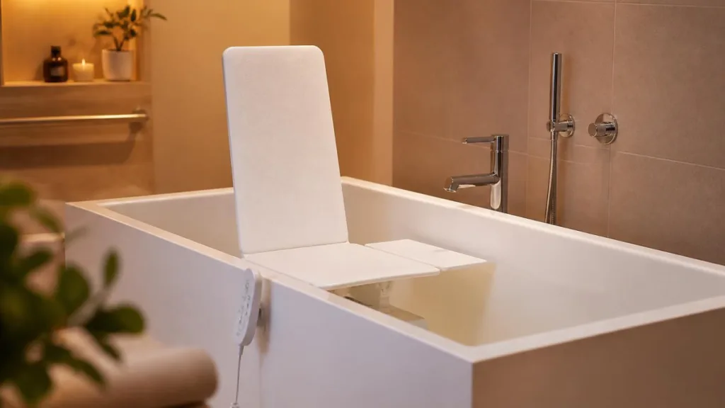 Modernes Badezimmer mit elektrischem Badewannenlift an einer weißen Badewanne
