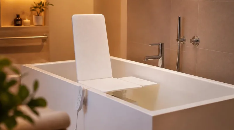 Modernes Badezimmer mit elektrischem Badewannenlift an einer weißen Badewanne