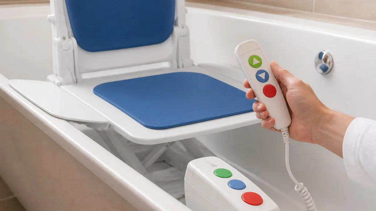 Hand an einer großen, einfachen Fernbedienung eines Badewannenlifts