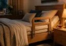 Gemütliches Schlafzimmer mit Bett und halb sichtbarem Bettgitter in Holzoptik, warme Beleuchtung