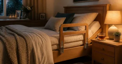 Gemütliches Schlafzimmer mit Bett und halb sichtbarem Bettgitter in Holzoptik, warme Beleuchtung