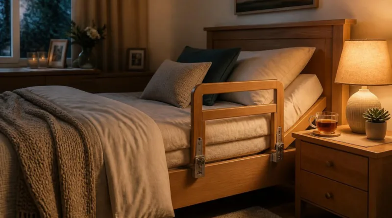 Gemütliches Schlafzimmer mit Bett und halb sichtbarem Bettgitter in Holzoptik, warme Beleuchtung
