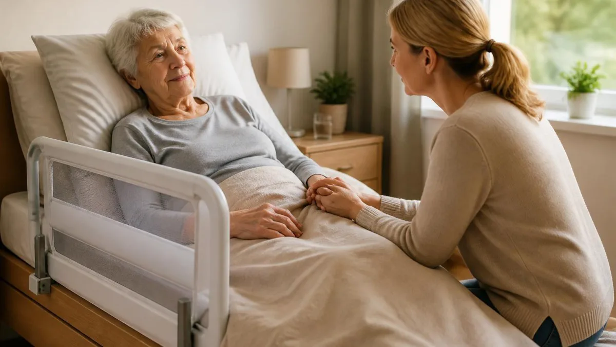 Angehöriger hält Hand eines im Bett liegenden Senioren, Aufsteck-Bettgitter seitlich sichtbar