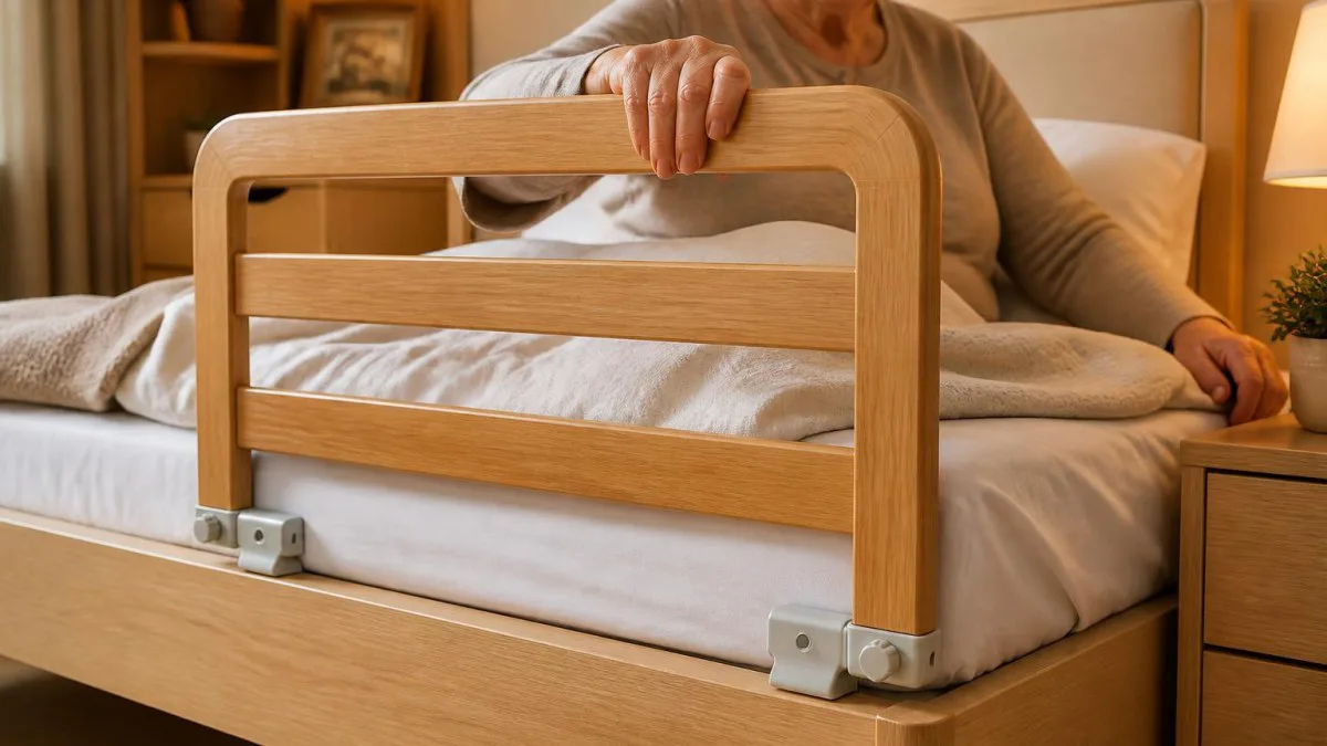 Bettgitter in Holzoptik an einem hellen Seniorenbett, Befestigung an der Matratze sichtbar