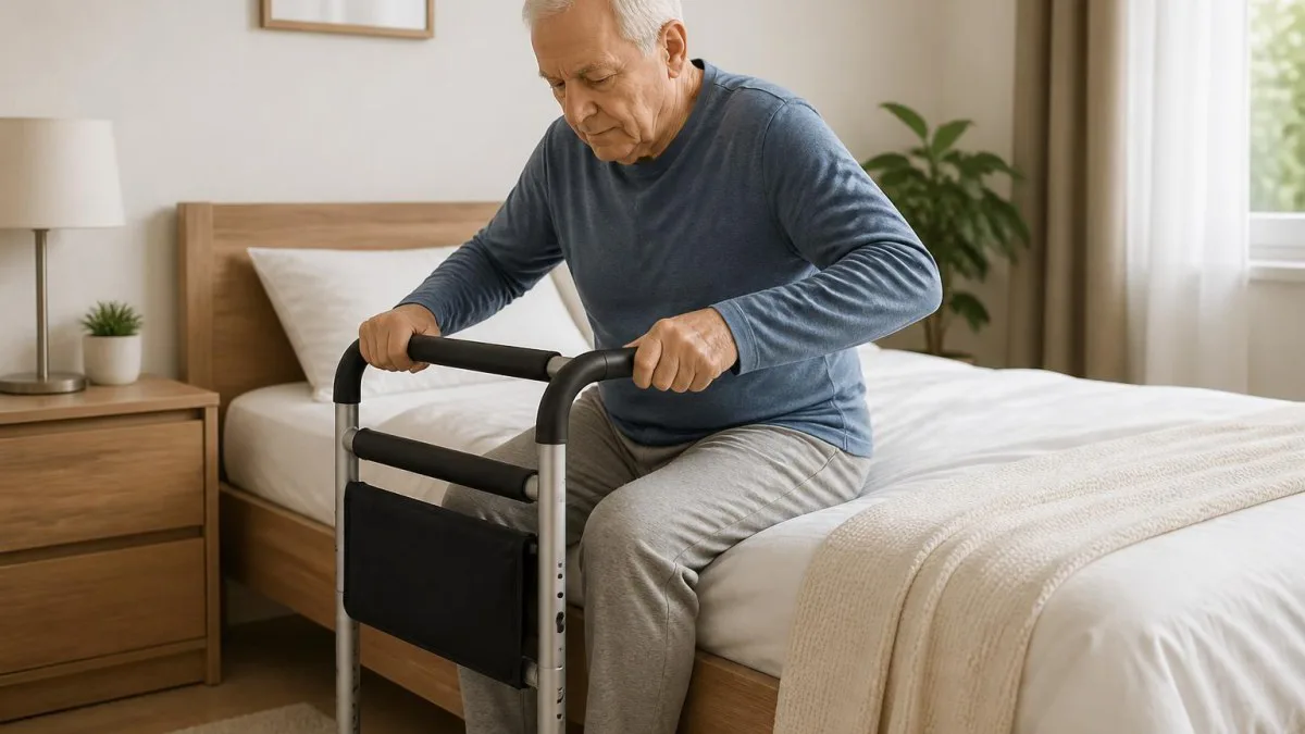 Senior richtet sich mit Hilfe eines Doppel-Handlaufs neben dem Bett auf, Griffposition klar sichtbar