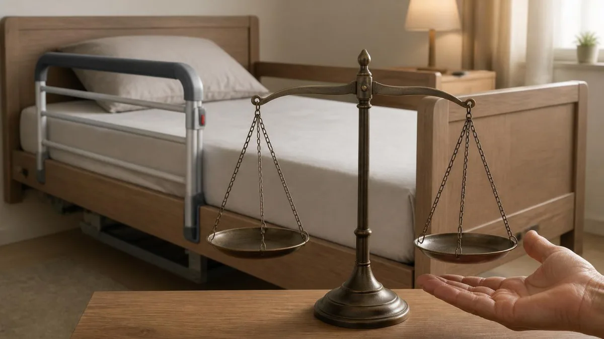Symbolische Darstellung: Seniorenbett mit Bettgitter und abwägende Hand, Entscheidungssituation visualisiert