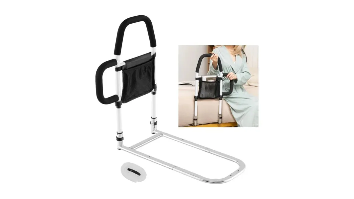 COSTWAY Aufstehhilfe mit Doppel-Handlauf neben einem Pflegebett, Metallgriff in zwei Höhen