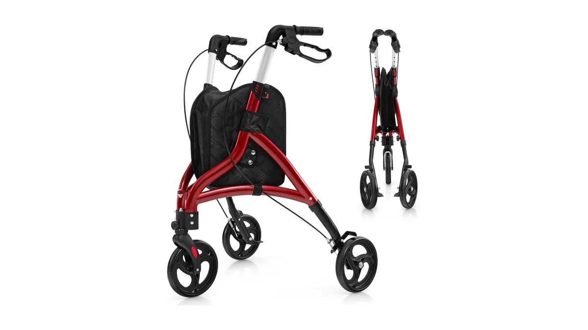 COSTWAY Dreirad Rollator, schmale Bauform, Tasche und Bremse