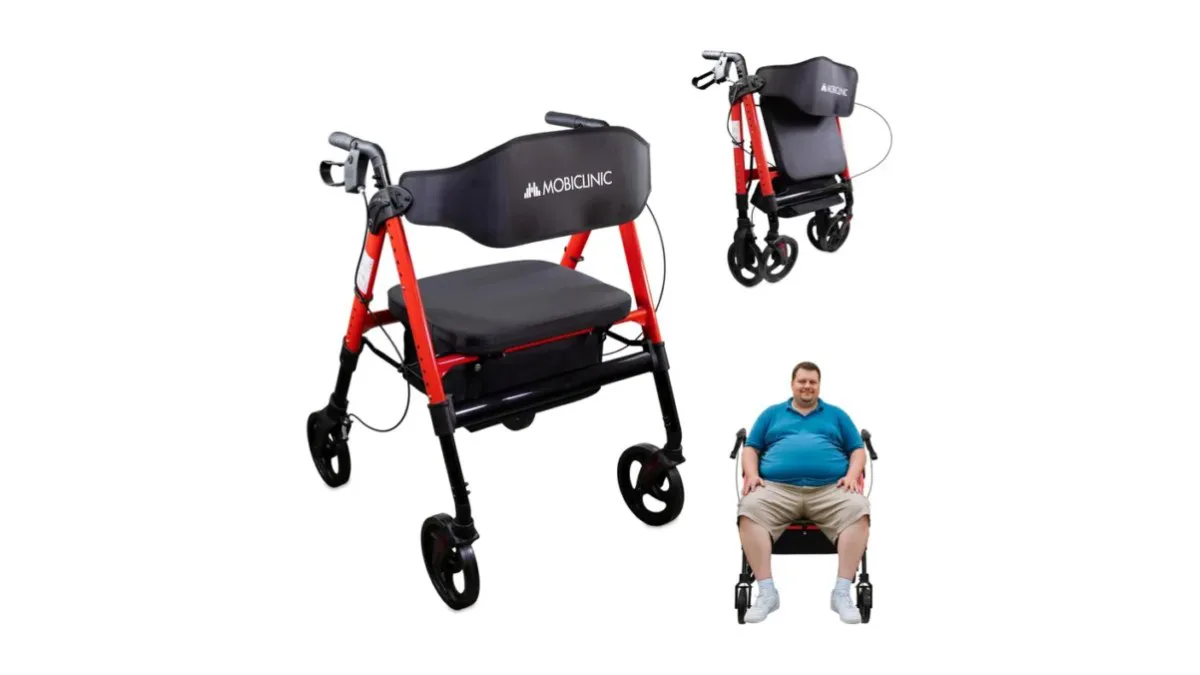Roter Mobiclinic XXL Rollator mit breiter Sitzfläche und verstärktem Rahmen