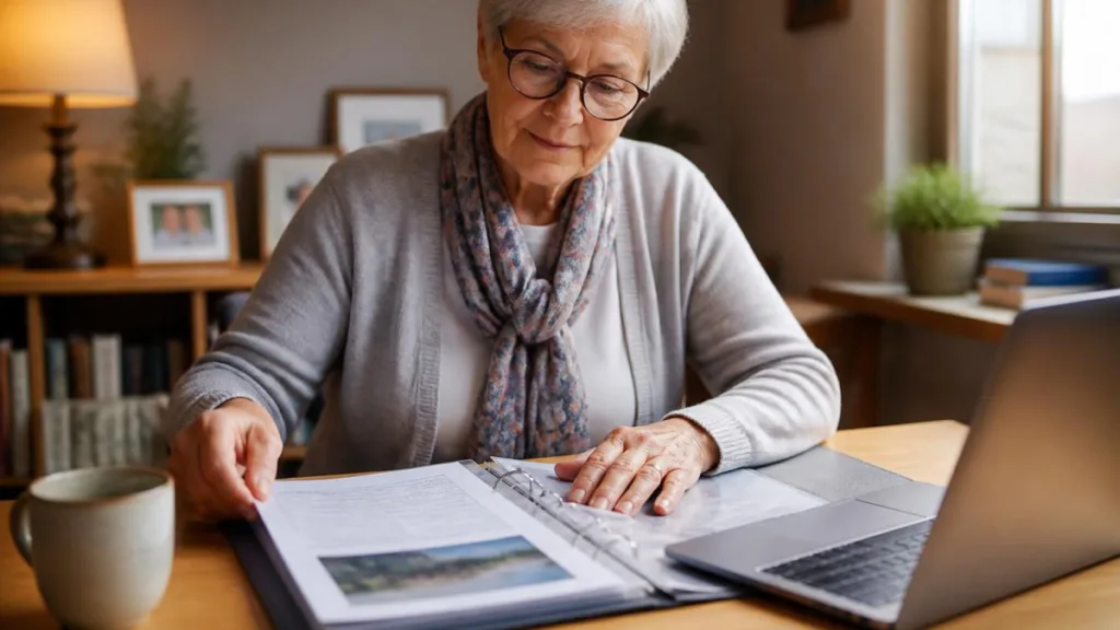Ältere Person am Schreibtisch mit Notfallordner und Laptop, symbolisiert Verbindung von analoger und digitaler Vorsorge.