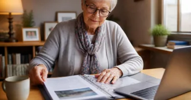 Ältere Person am Schreibtisch mit Notfallordner und Laptop, symbolisiert Verbindung von analoger und digitaler Vorsorge.