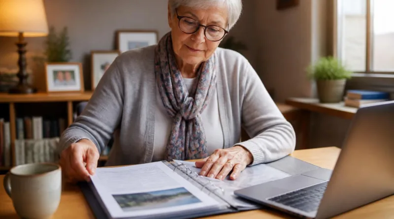 Ältere Person am Schreibtisch mit Notfallordner und Laptop, symbolisiert Verbindung von analoger und digitaler Vorsorge.