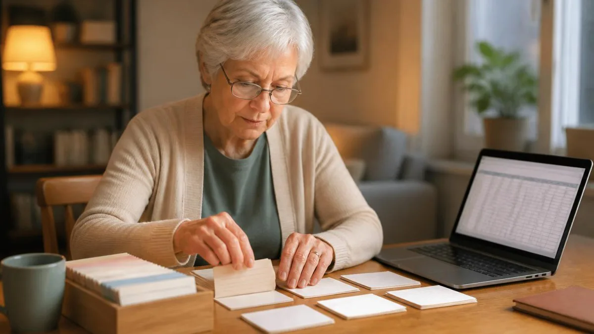 Hände ordnen Karteikarten mit Kontonamen neben Laptop, symbolisiert Inventarisierung.