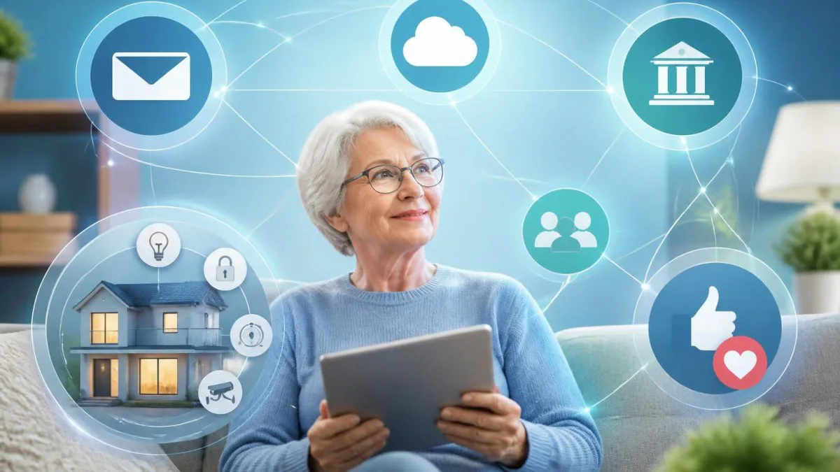 Collage von Symbolen: E‑Mail, Cloud, Bank, Social Media und Smart‑Home, symbolisiert Dienstgruppen - digitaler Nachlass