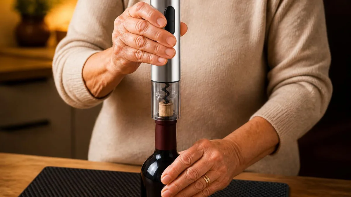 seniorin setzt elektrischen weinoeffner auf flasche