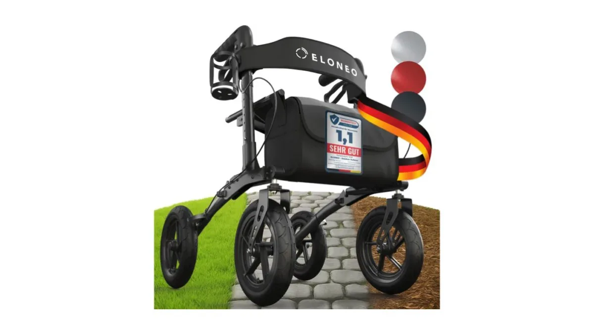 ELONEO Rollator mit schwarzen Luftreifen auf Parkweg, Sitzpolster sichtbar