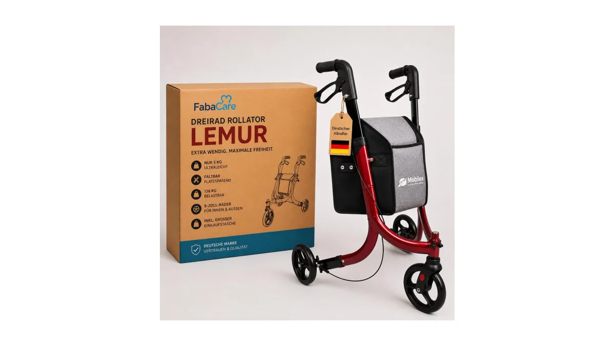 FabaCare Lemur Dreirad Rollator, faltbar, leichte Bauweise, Tasche vorne