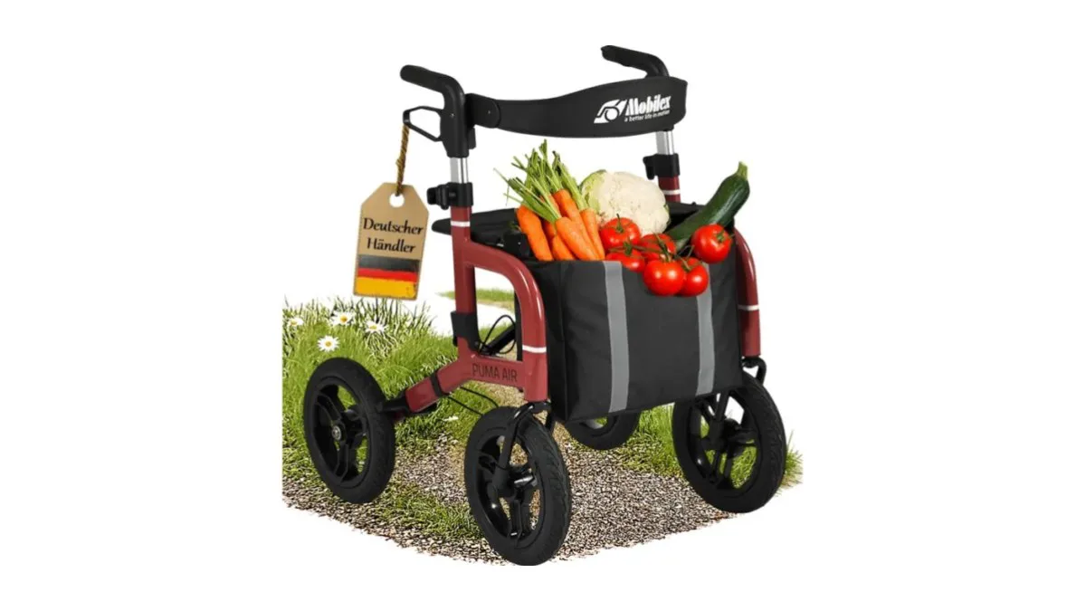 FabaCare Puma Air Rollator mit großen luftbereiften Rädern auf Gehweg, metallic-schwarz