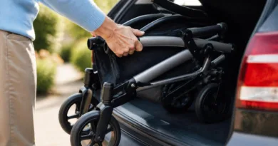 Senior hebt leichtgewichtigen Rollator in den Kofferraum, Alltagssituation am Auto