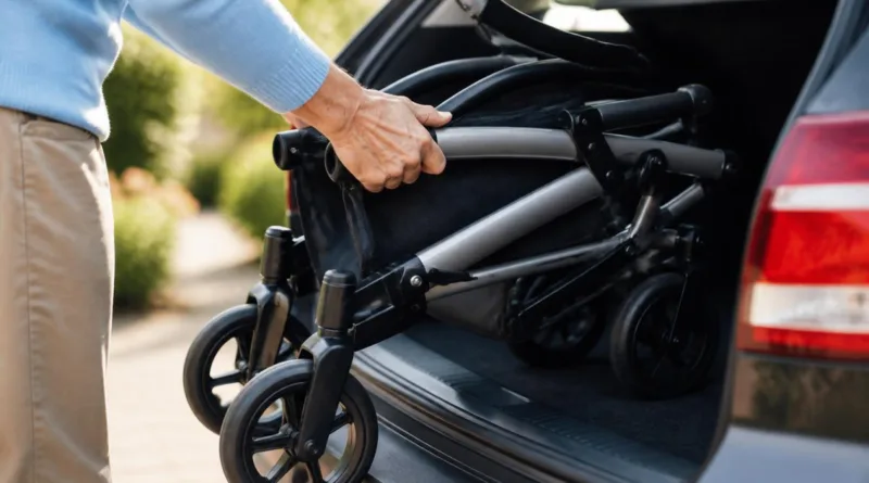 Senior hebt leichtgewichtigen Rollator in den Kofferraum, Alltagssituation am Auto