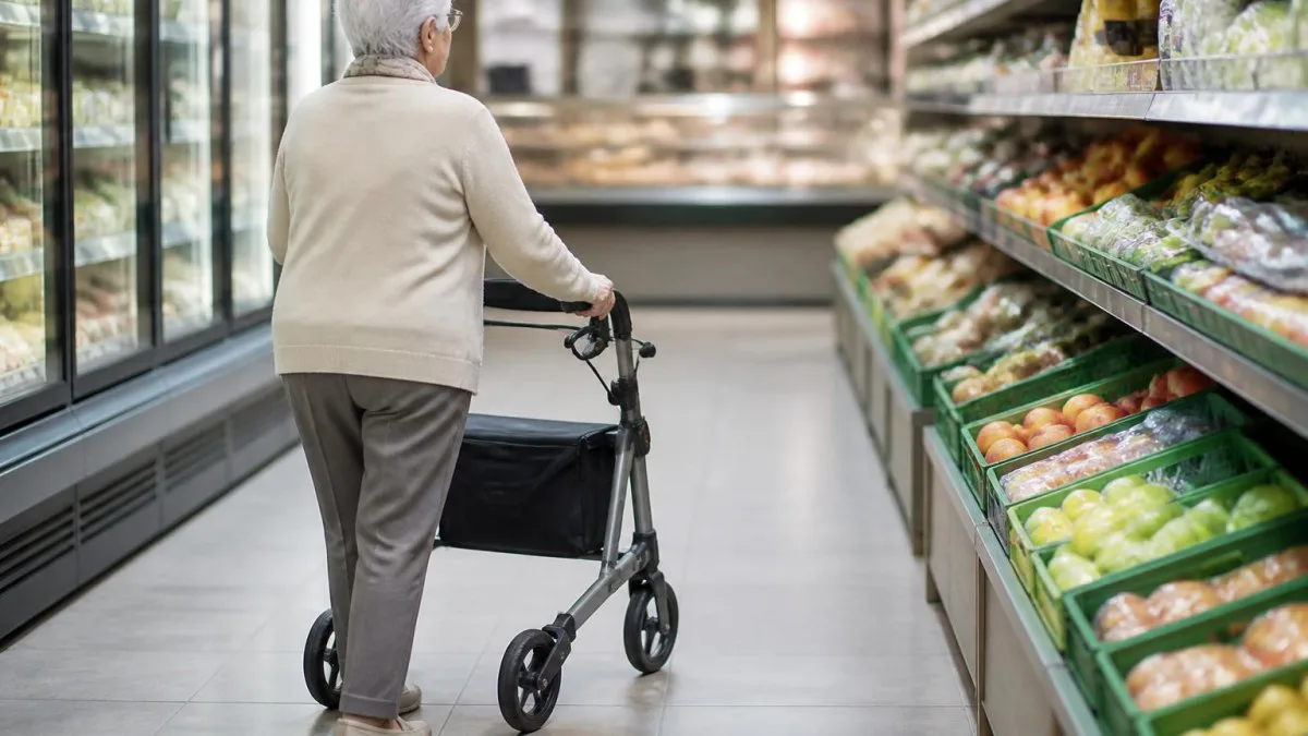 Person manövriert leichtgewichtigen Dreirad-Rollator durch Supermarktgang