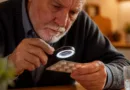 Senior am Tisch, hält Handlupe mit LEDs über einer Packung, warme Beleuchtung