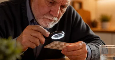 Senior am Tisch, hält Handlupe mit LEDs über einer Packung, warme Beleuchtung