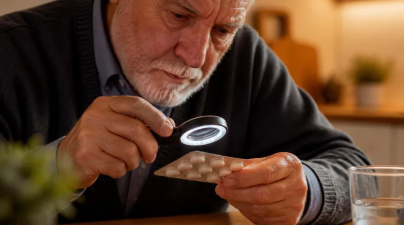 Senior am Tisch, hält Handlupe mit LEDs über einer Packung, warme Beleuchtung