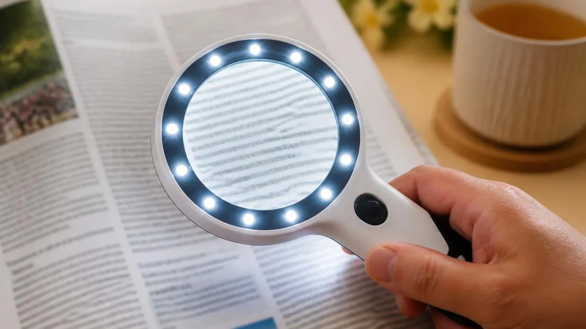 Hand hält eine der leichten Leselupen mit 12 LEDs über Zeitung, Schrift deutlich vergrößert