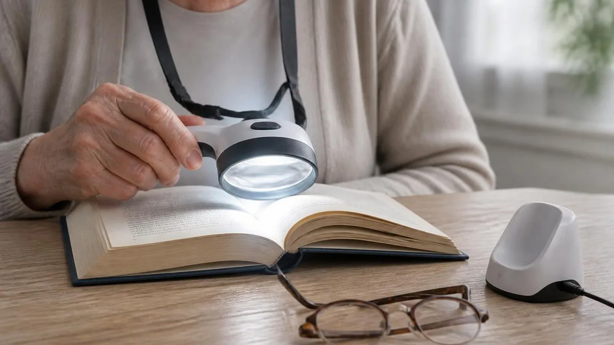 Lupe auf offenem Buch neben Brille und Ladegerät, symbolisiert Nutzung und Aufladung