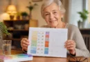 Seniorin hält ihren Medikamentenplan; Pillendose und Brille auf dem Tisch