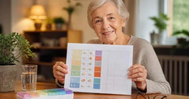 Seniorin hält ihren Medikamentenplan; Pillendose und Brille auf dem Tisch