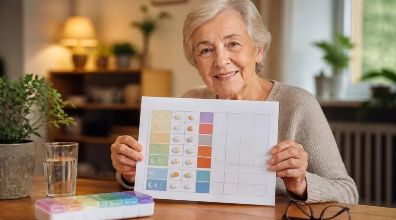 Seniorin hält ihren Medikamentenplan; Pillendose und Brille auf dem Tisch