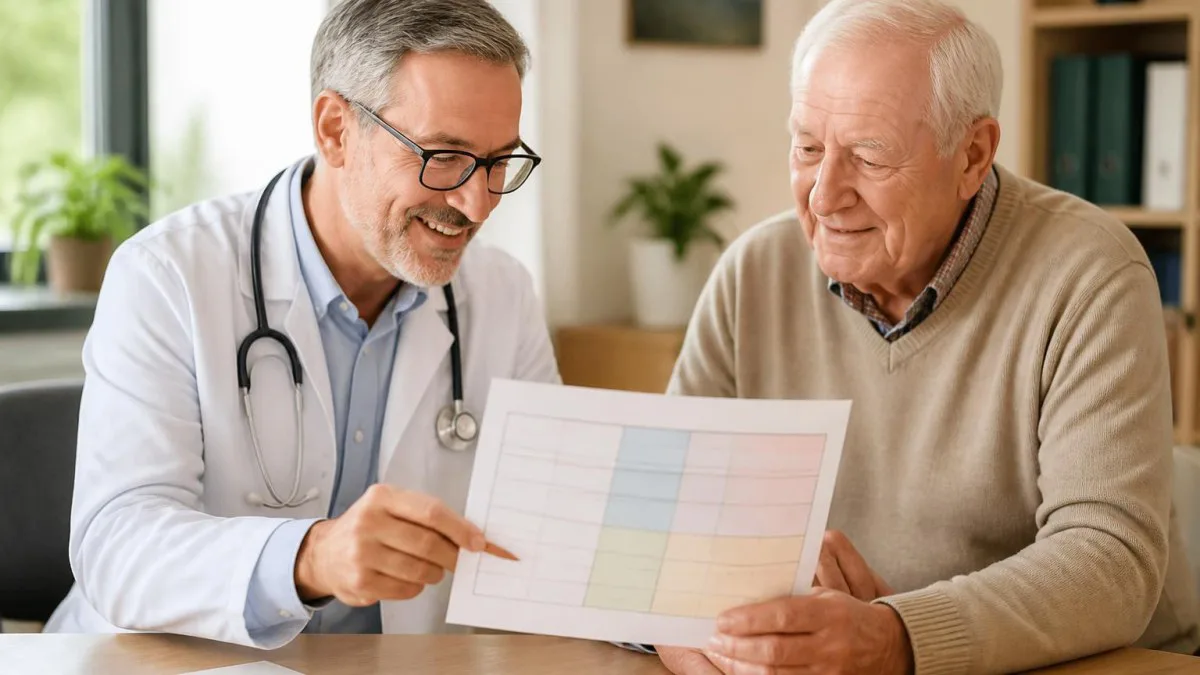 Hausarzt erklärt Seniorin ihren Medikamentenplan; Tabelle und Notizen sichtbar