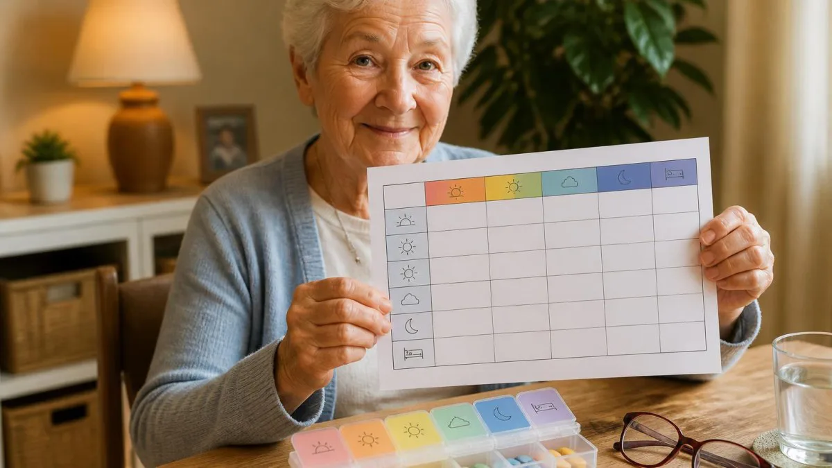 Seniorin hält ihren Medikamentenplan, Pillendose und Brille auf dem Tisch