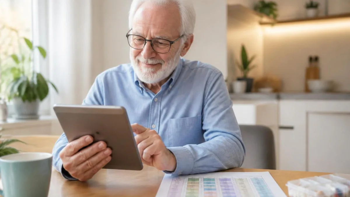 Tablet mit digitalem Medikamentenplan neben ausgedrucktem Plan