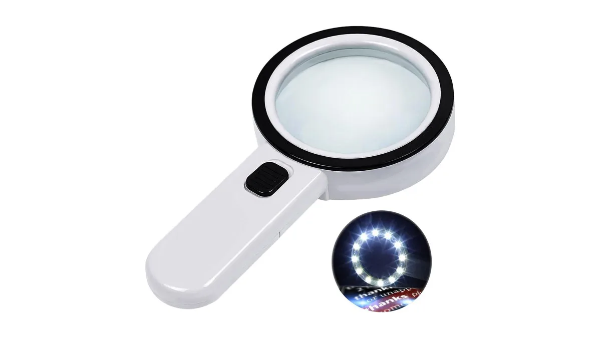 Handlupe mit 12 LEDs, leichte Nazano-Lupe, Ansicht mit geöffneter Linse
