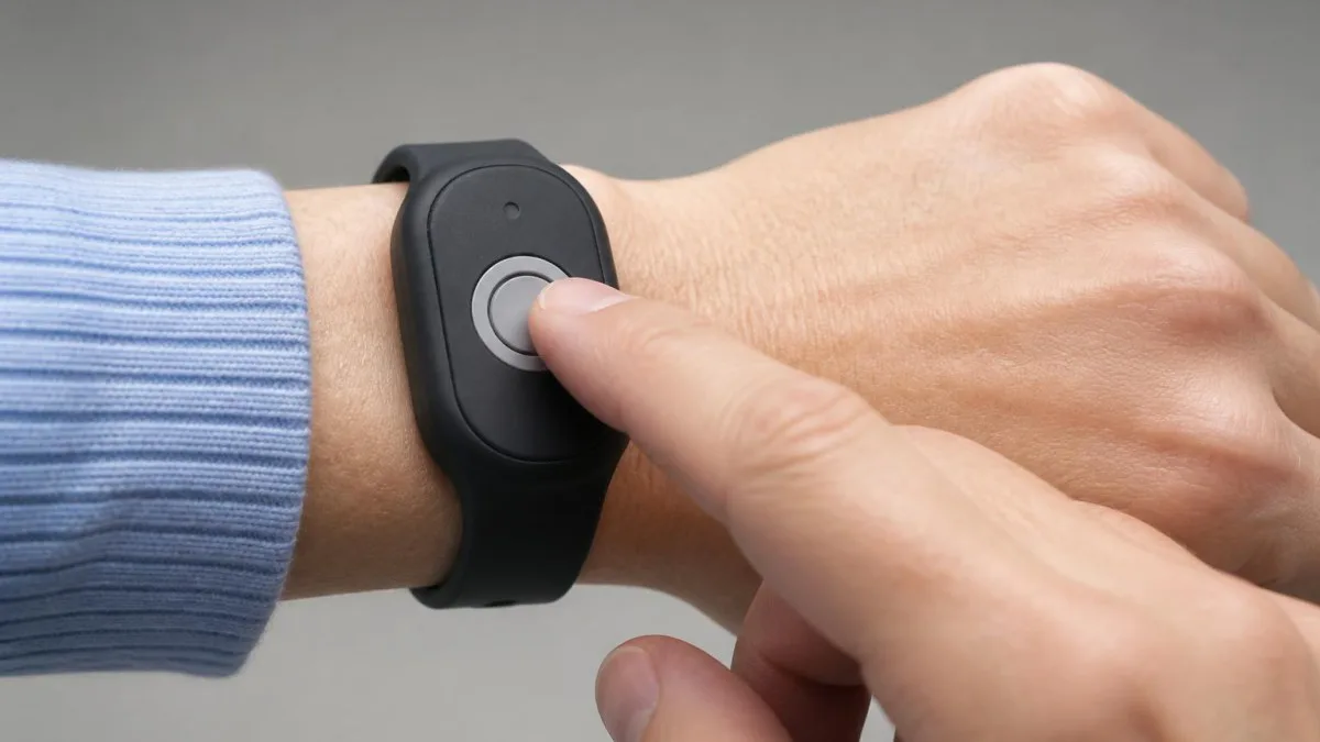 Senioren-Hand drückt SOS‑Taste an Notrufarmband mit GPS