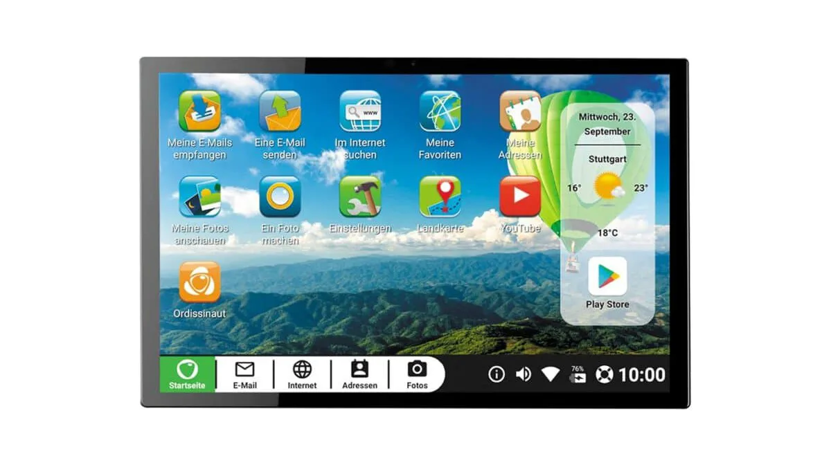 Ordissimo Tablet mit reduziertem Hauptmenü und klaren Symbolen