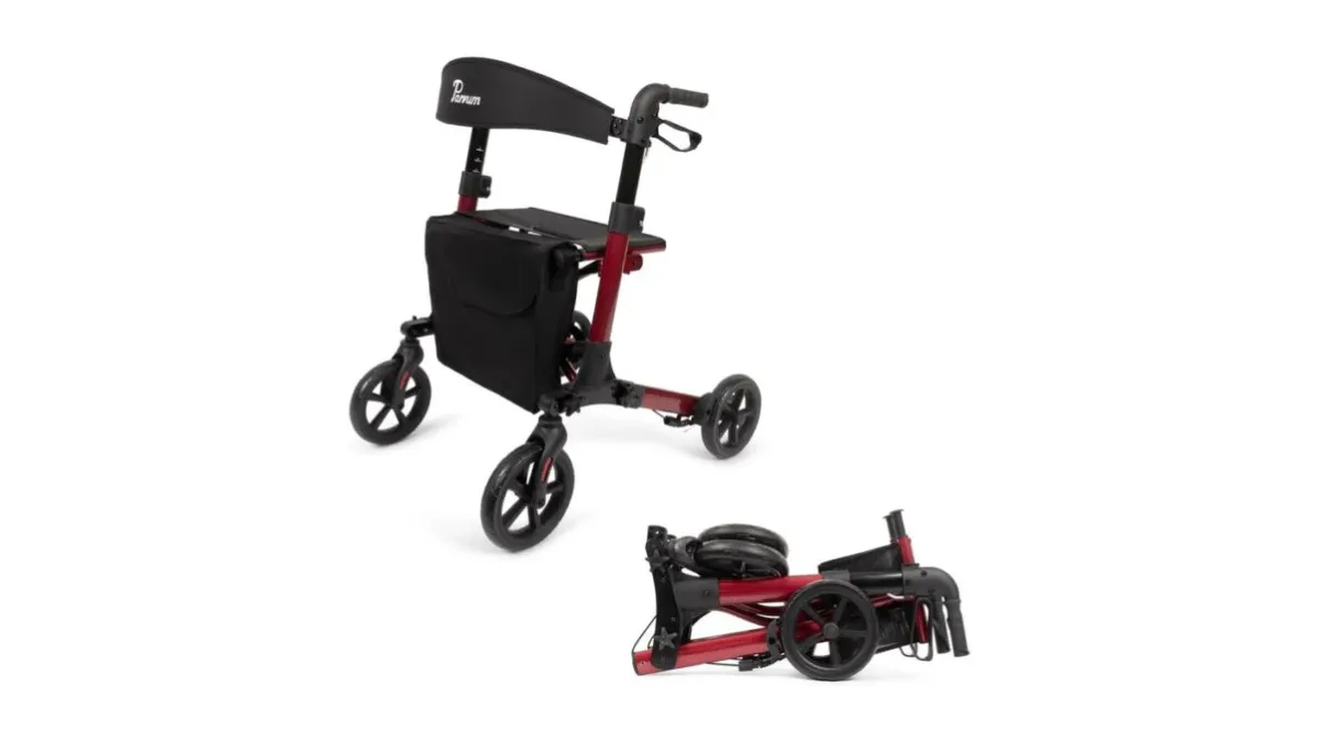 Parvum Brava Rollator, gepolsterte Sitzfläche, am Parkweg stehend
