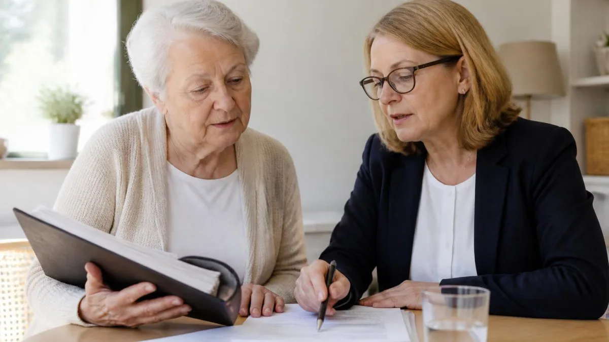 Seniorin mit Aktenordner und Gutachterin bei Begutachtung