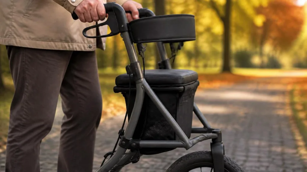 Senior mit Rollator auf Parkweg, großes Vorderrad und Sitz sichtbar