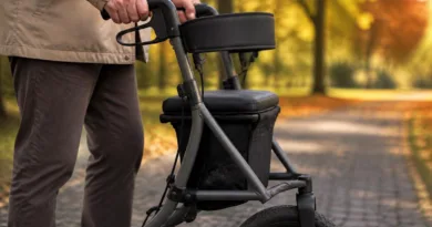 Senior mit Rollator auf Parkweg, großes Vorderrad und Sitz sichtbar
