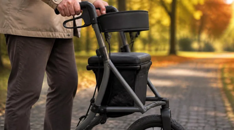 Senior mit Rollator auf Parkweg, großes Vorderrad und Sitz sichtbar