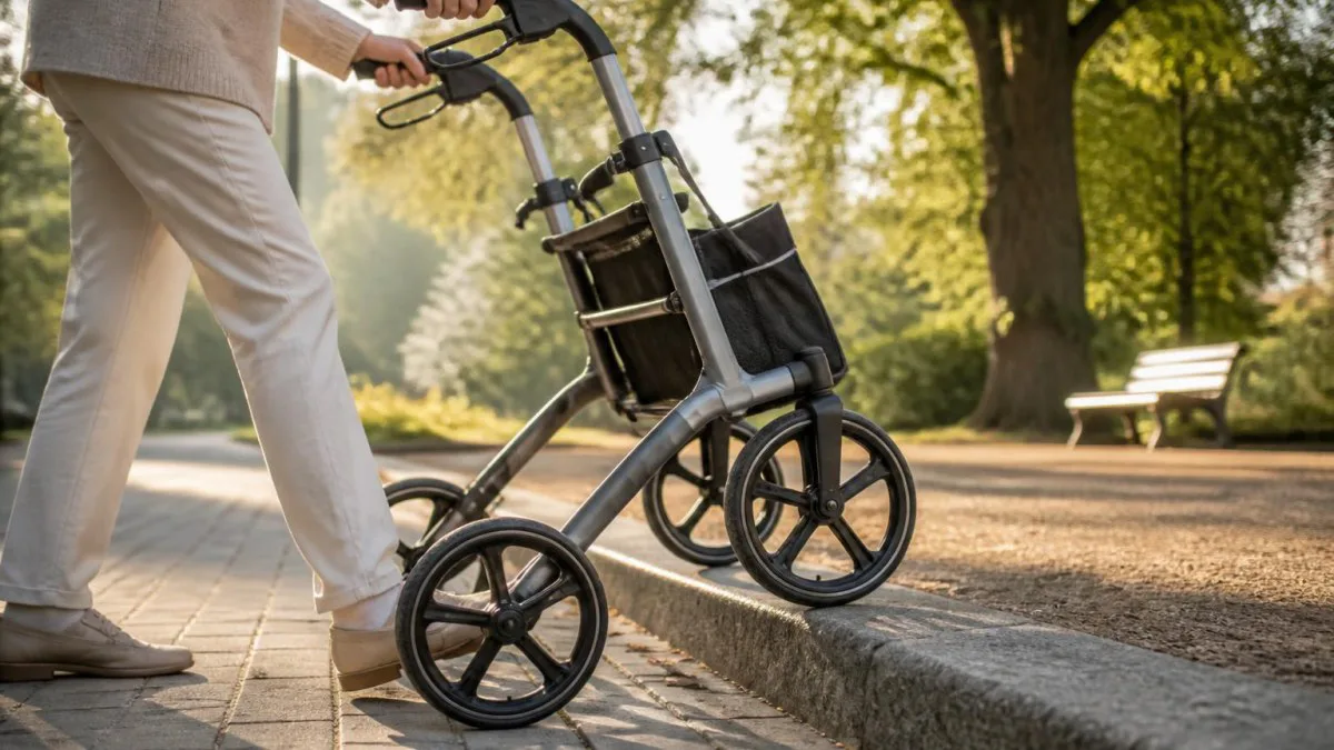 Rollator mit großem Rad beim Übergang über eine Bordsteinkante, Hand am Griff sichtbar