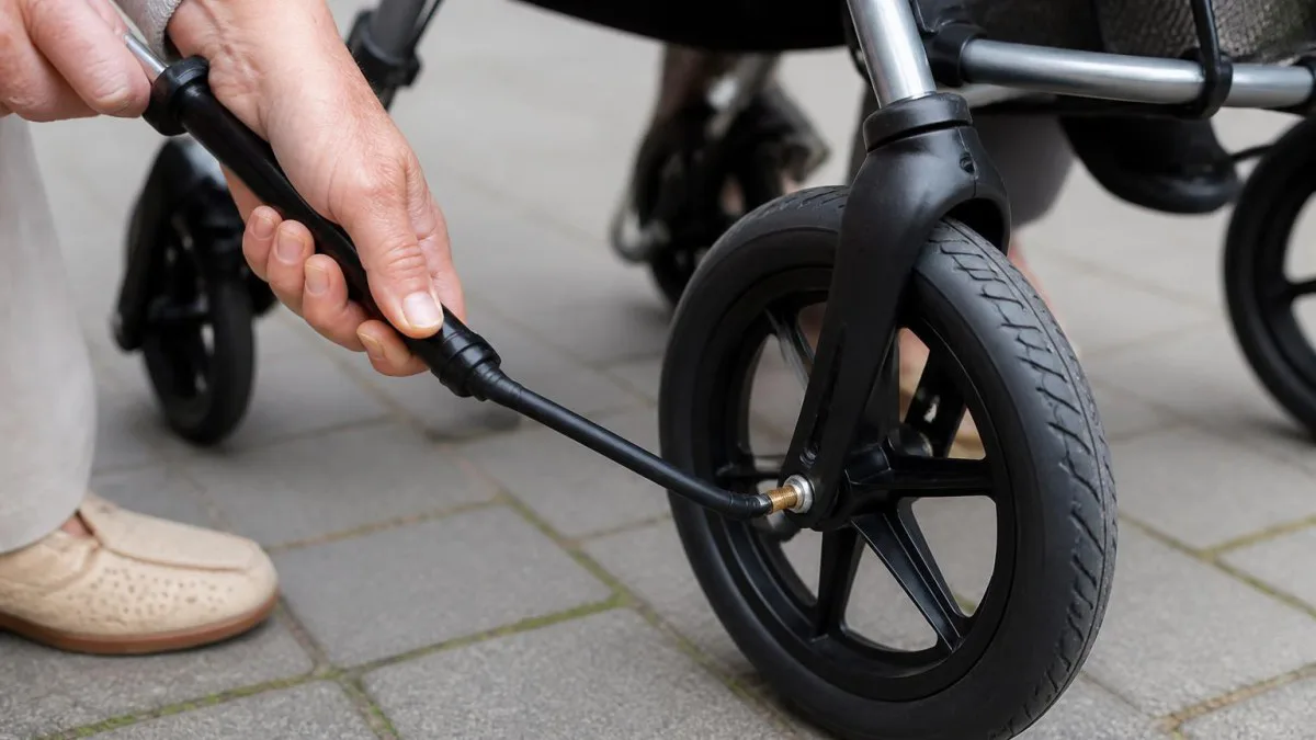 Luftpumpe neben Rollatorreifen, Ventil und Pumpe erkennbar