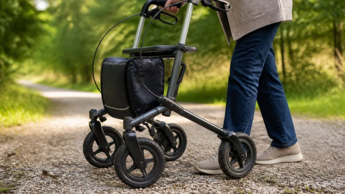 Rollator auf Schotterweg mit robusten Gummireifen und sichtbarem Profil