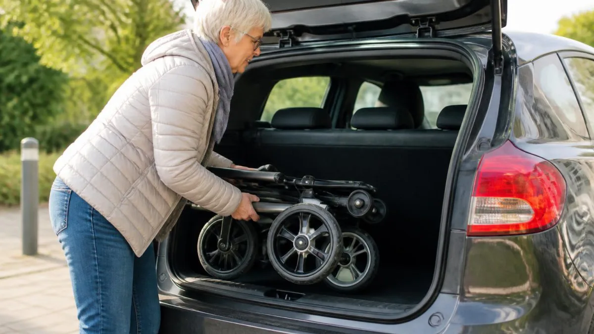 Gefalteter Rollator wird in den Kofferraum eines Autos gehoben